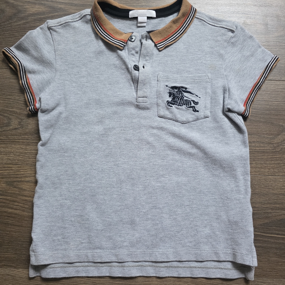 Burberry Light Gray Polo with Striped Contrast Collar